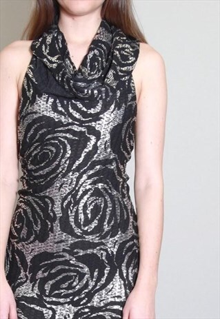 VINTAGE 1990'S BLACK AND SILVER COWL NECK SLINKY DRESS