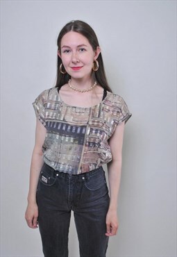 Vintage patterned pullover blouse, short sleeve green shirt