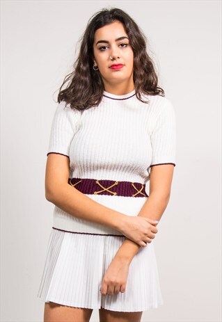 70'S VINTAGE WHITE CHAIN DETAIL KNIT TOP T-SHIRT
