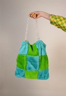 Green & Blue Checkerboard Faux Fur Tote Bag