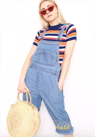 VINTAGE 90S BLUE DENIM EMBROIDERED CROPPED DUNGAREES
