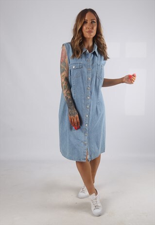 VINTAGE DENIM DRESS SLEEVELESS KNEE LENGTH UK 18 (H2G)