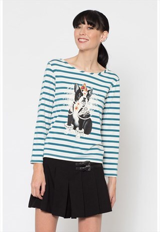 BLUE AND WHITE STRIPED ROYAL DOG PRINT LONG SLEEVE TEE