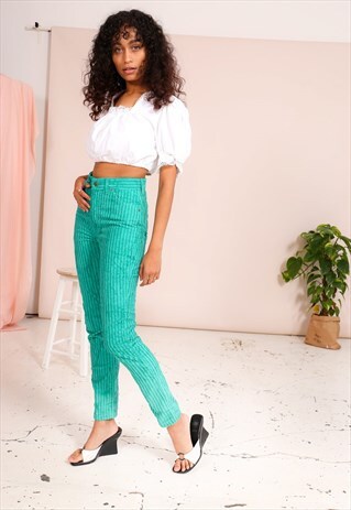 VINTAGE 80S GREEN CORDUROY SKINNY LEE TROUSERS