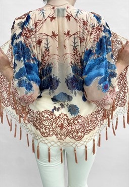 Vintage Style Kimono Brown Tassel Fringed Floral Velvet Top