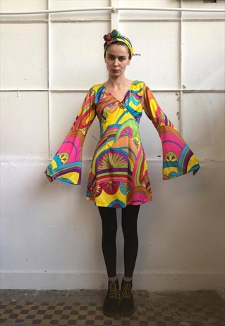 VINTAGE 70' CARZY COOL COLORFUL MINI DRESS WITH SCARF