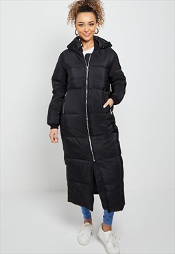 Black Longline With Hood Maxi Puffer Coat
