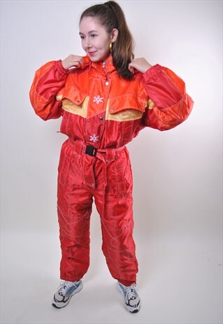 VINTAGE RED WOMAN SKI SUIT, ONE PIECE SNOW SUIT EMBROIDERED