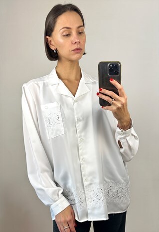 DELICATE WHITE BLOUSE, LONG SLEEVE EMBROIDERED BLOUSE