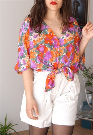 VINTAGE 80S SHORT SLEEVE FESTIVAL FLORAL OVERSIZED SHIRT