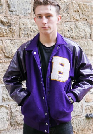 VINTAGE MENS VARSITY JACKET PURPLE LEATHER
