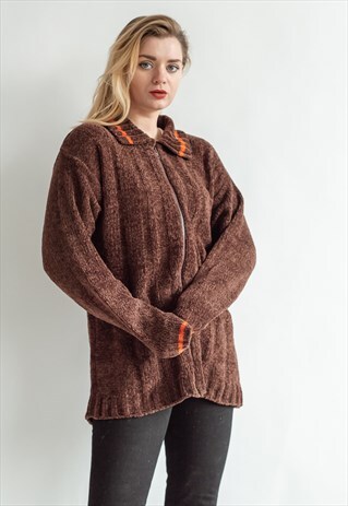 VINTAGE 90S GRUNGE ZIP UP JUMPER IN BROWN