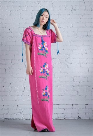 REVIVAL VINTAGE OAXACAN MEXICAN FLORAL EMBROIDERY MAXI DRESS