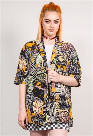 90'S VINTAGE PALM TREE PATTERN OPEN COLLAR HAWAIIAN SHIRT