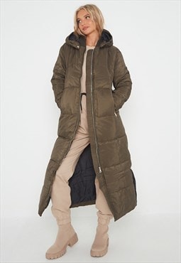 Khaki Longline With Hood Maxi Puffer Coat