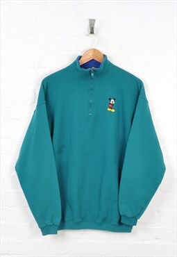 Vintage Mickey Mouse Disney 1/4 Zip Sweater Green Large