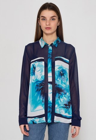 VINTAGE BLUE ESPRIT LONG SLEEVE FLORAL TRANSPERENT SHIRT
