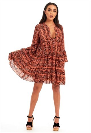 RUST ANIMAL PRINT FLOUNCE SLEEVE FLARE DRESS