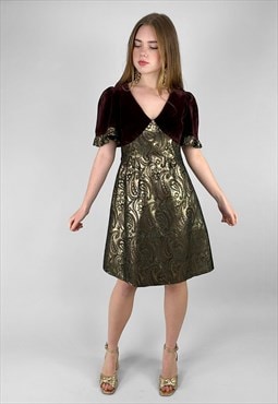 70's Vintage Brown Velvet Gold Brocade Ladies Mini Dress