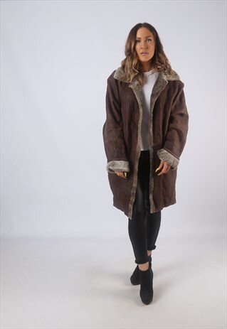 VINTAGE SHEEPSKIN SUEDE SHEARLING COAT UK 16 XL (B3A)