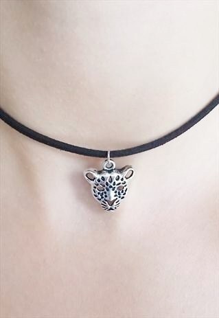 BLACK SUEDE SILVER LEOPARD CHOKER