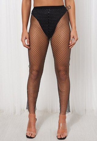 BLACK MESH RHINESTONE DIAMANTE TROUSERS