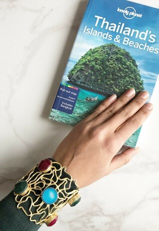 STATEMENT GOLD PLATED BRASS CUFF BRACELET WITH DRUZY & JADE