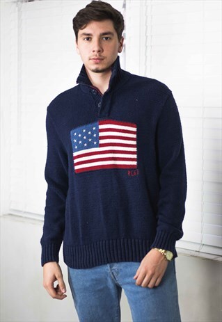 VINTAGE POLO RALPH LAUREN 1/4 ZIP JUMPER FLAG LOGO XL 26.8
