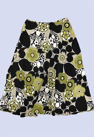 BLACK GREEN FLORAL LINEN A-LINE FLARED MIDI MAXI LONG SKIRT