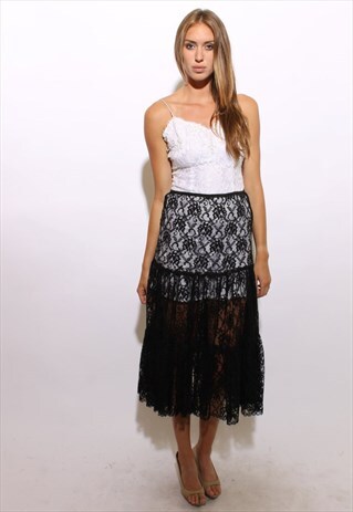 VINTAGE 1980'S 80'S SHEER BLACK FLORAL LACE MAXI SKIRT S-M