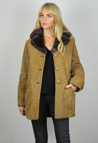 VINTAGE 70S CAMEL BROWN SHEEPSKIN / SHEARLING COAT