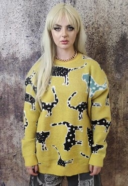 Leopard sweater retro animal jumper 70s vibe top in yellow