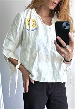 White Linen Vintage Casual Holiday Oversized Top Blouse L