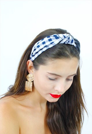 BLUE CHECK PRINT FAUX LEATHER TOP KNOT ALICE BAND
