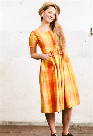 VINTAGE 80S ORANGE BUTTON-FRONT MIDI DRESS