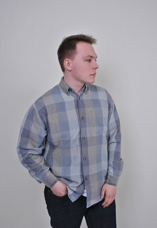 VINTAGE GREY GRUNGE SHIRT, 90S LONG SLEEVE PLAID SHIRT