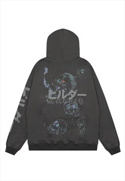 Graffiti hoodie skull print pullover Japanese top in grey