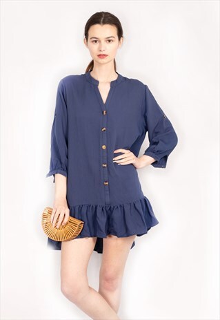 LONG SLEEVE OVERSIZED LINEN SHIRT DRESS IN BLUE
