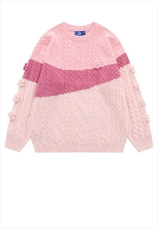 CONTRAST SWEATER KNIT RETRO CABLE JUMPER PREPPY TOP IN PINK