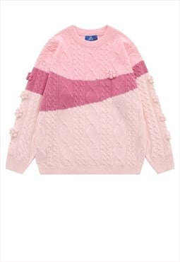 Contrast sweater knit retro cable jumper preppy top in pink
