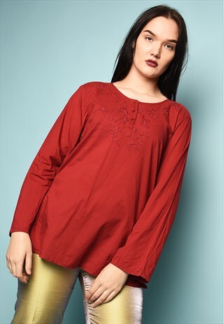 Y2K RETRO BOHO ETHNIC EMBROIDERY MAROON BLOUSE TUNIC TOP