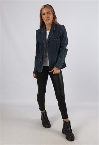 VINTAGE DENIM BLAZER JACKET FITTED IZOD UK 12 M (B4U)