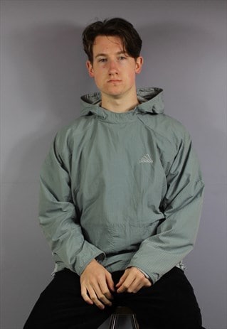 VINTAGE ADIDAS HOODED WINDBREAKER JACKET IN GREY WITH ZIP PO
