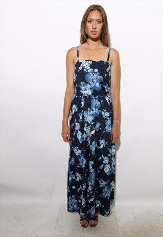 VINTAGE 1970'S 70'S BLUE FLORAL PRINT MAXI DRESS GOWN S-M