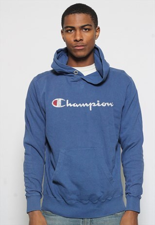 VINTAGE CHAMPION BIG SPELL OUT LOGO HOODIE BLUE