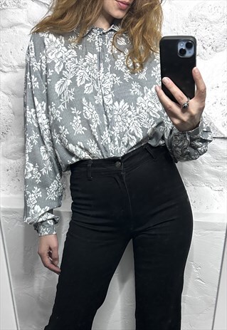 Retro Gray Floral Women Shirt - Large 