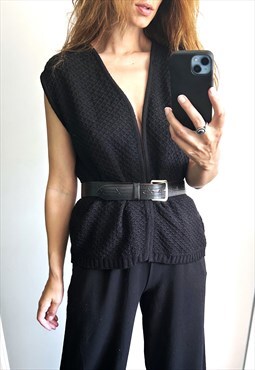 Knit Black Minimal Open Front Cardigan Top Large