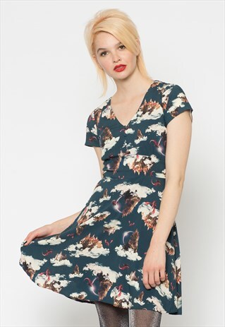 BLUE FLYING DRAGON CASTLE PRINT DRESS