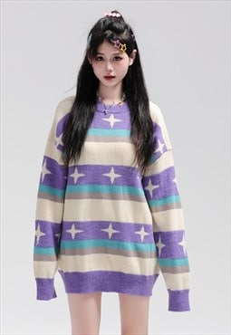 Star sweater knitted striped jumper fluffy skater top purple