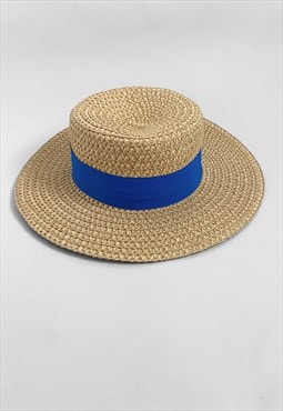 New Vintage Style Ladies Hat Straw Boater Blue Ribbon